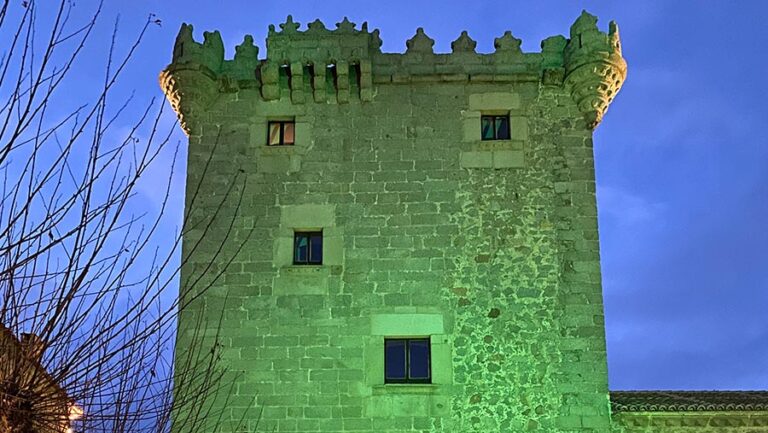 El Torreón de los Guzmanes de Ávila se tiñe de verde con motivo del Día Mundial contra el Cáncer