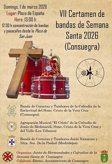Consuegra celebra el VII Certamen de Bandas de Cornetas y Tambores de Semana Santa 2026